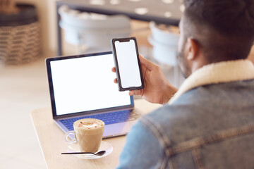 Aufkleber - Man, back and smartphone screen or laptop in coffee shop, mock up and freelancer relax with tech or mobile app. Browse, email and social media or online shopping, male person and blank communication