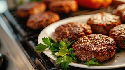 Wall Mural - Meat patties and parsley leaves displayed on white ceramic plates on a kitchen countertop