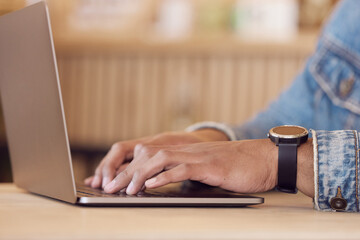 Aufkleber - Person, hands and laptop or typing in cafe, freelancer and remote work or email communication. Blog, display and networking website or online working, browse and internet search with copywriter