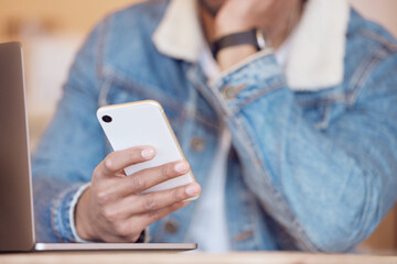 Aufkleber - hands of man, relax and smartphone in cafe for social media, communication or networking. online, no