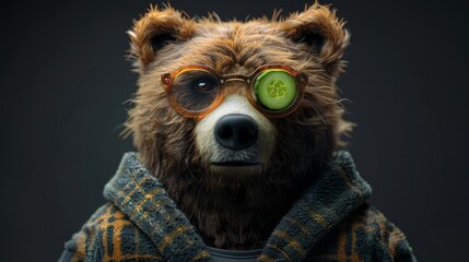 Wall Mural - On a black background, a modern illustration shows a cute bear doll in a bathrobe wearing a cucumber on the eyes.