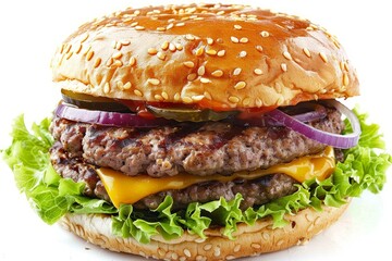 Mouthwatering double cheeseburger with lettuce, cheese, and onions on a sesame bun