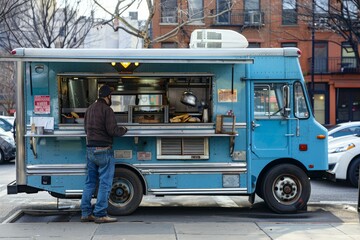 Customer stands at a vibrant blue food truck window in an urban setting