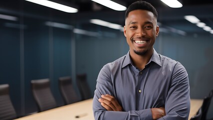confident black businessman arms folded smiling in modern conference room office setting