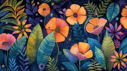 Wall Mural - A colorful display of tropical flowers and lush greenery against a dark backdrop, illustrating a serene nocturnal garden scene - Generative AI