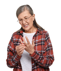 Wall Mural - Senior woman suffering from pain in finger on white background