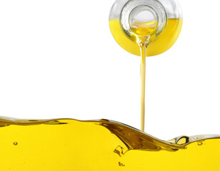 Pouring cooking oil from jug on white background, closeup