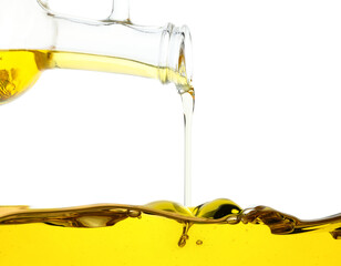 Wall Mural - Pouring cooking oil from jug on white background, closeup