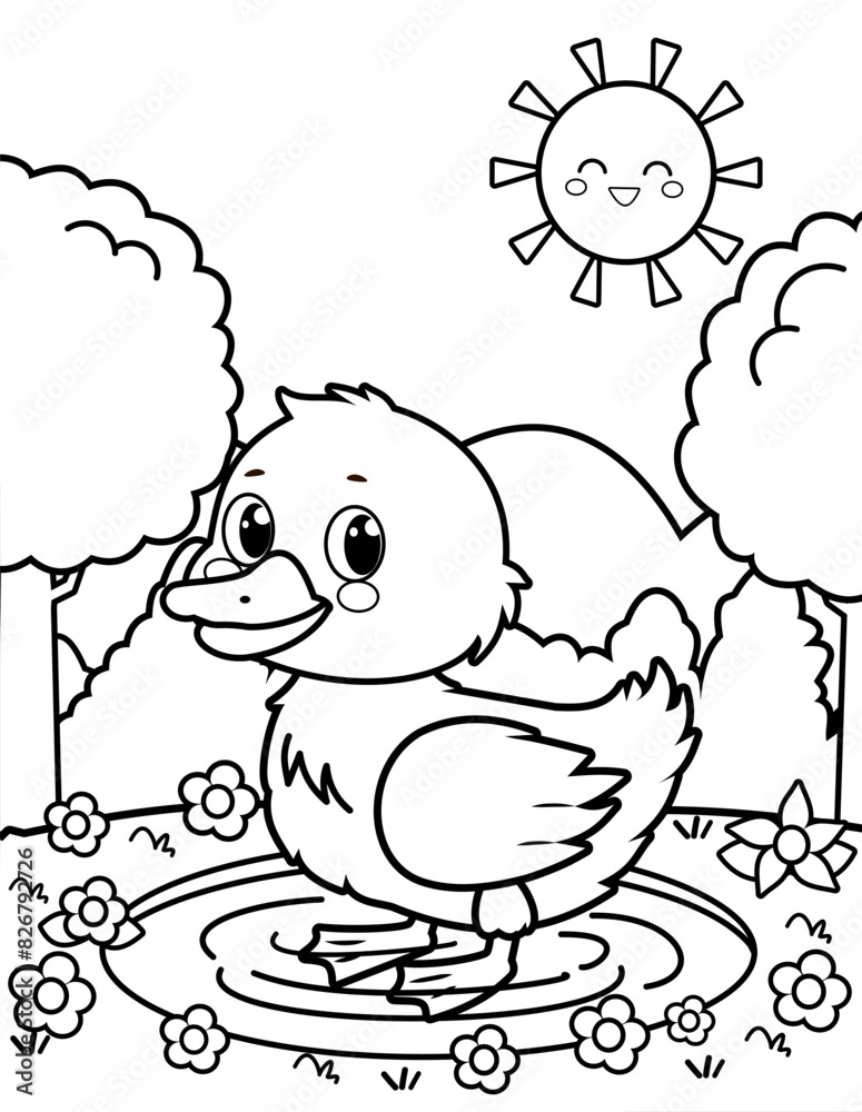 Cute duck in the water coloring page for kids, spring coloring pages ...