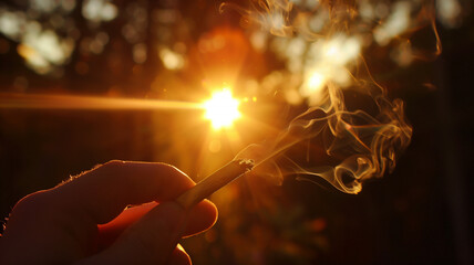 Close up of a burning marijuana joint with lots of smoke and flame held between two fingers backlit by the sunset through the forest