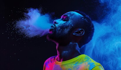 Wide shot of an African American man wearing a neon colored t-shirt, blowing blue powder from his mouth into the air against a black background.