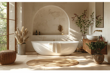Wall Mural - Minimalist bathroom with simple decorative objects, warm neutrals, gentle evening light, and matte finish textures, creating a calming and spacious atmosphere for a serene bathing experience.