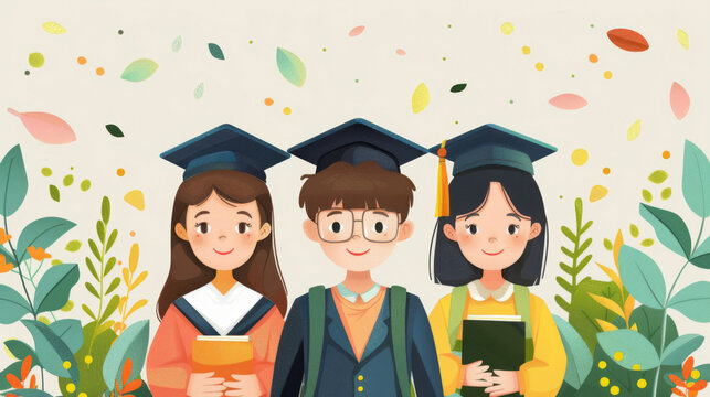 Illustration of three graduating students in caps and gowns holding books against a nature-themed backdrop.