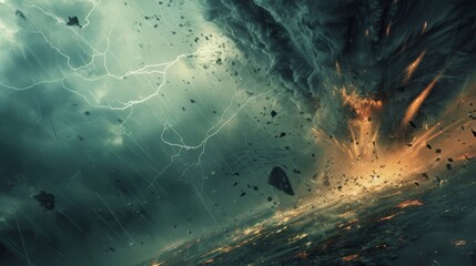Wall Mural - the winds of the tornado are so strong that they rip up the earth leaving a trail of destruction in 