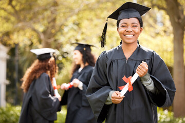 diploma, graduation and portrait of happy black woman at university with pride and success. gen z, c