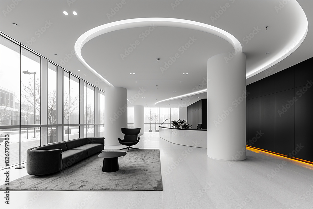 Open-concept minimalist office with accent lighting, monochrome schemes ...