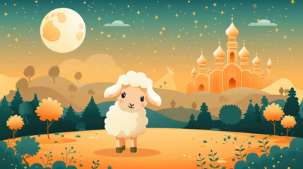 Wall Mural - Eid Al-Adha background, mosque and sheep background with copy space.