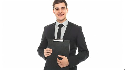 Young positive caucasian businessman holding clipboard isolated on white toothy smile : Generative AI