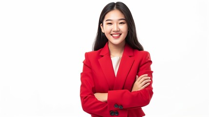 Portrait of successful business asian women in red suit with arms crossed and smile isolated over white background : Generative AI