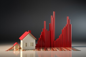 3D model house, modern design, red arrow graph rising behind, high tax concept, clean background, medium shot