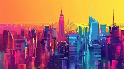 Colorful pop art cityscape, bright hues, geometric shapes, highdefinition, detailed buildings, playful design, dynamic layout, retro vibe, vibrant and lively