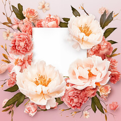 Colorful floral square border frame, paper note in center. Composition with beautiful flowers, and copy space. Festive concept for 8 March, Mothers, Valentines, Woman day. .Spring or summer banner