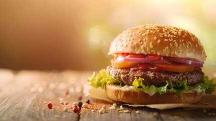 gourmet burger with fresh ingredients on a rustic wooden table