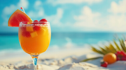 Wall Mural - tropical fruit cocktail on sandy beach with ocean view, summer refreshment concept