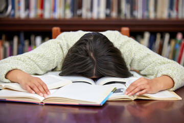 Poster - Student, sleeping and library with woman, exam and course research burnout from project at school. University, nap and notes with learning, education and studying with deadline and fatigue on campus