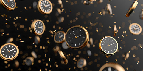 3D illustration of golden clocks, flying on black background.