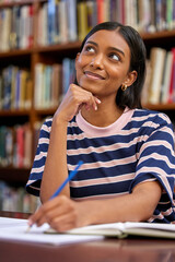 Poster - University, thinking and woman with books in library for research, studying and learning. Education, college and happy female student with textbooks for knowledge, information and literature project