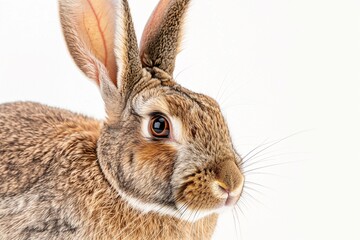 A close-up portrait of a Flemish Giant rabbit against a white background