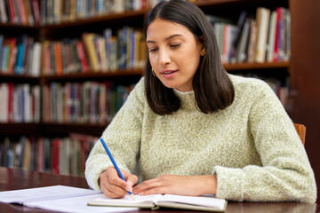 Poster - University, reading and student with books in library for research, studying and learning. Education, college and woman writing notes with textbooks for knowledge, information and literature project