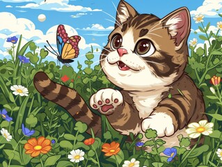 Wall Mural - Cute cartoon cat playing in colorful flower meadow with butterfly under bright blue sky and fluffy white clouds perfect spring scene