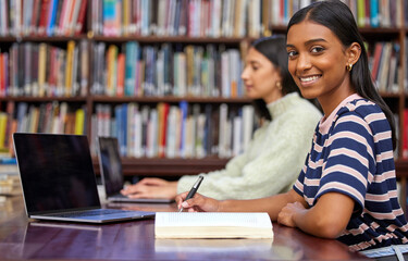 Poster - Portrait, university and woman in library with laptop, research and writing notes with bookshelf. Smile, book and student with notebook for scholarship, study and opportunity for college education