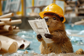 A beaver stands wearing a hard hat, holding a piece of paper in its paws