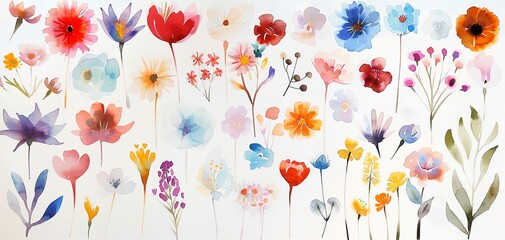 Wall Mural - A variety of mini watercolor flowers, each one unique in color and shape, painted in a whimsical style