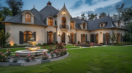 : A luxurious suburban home with a French Provincial design, featuring tall windows with shutters, a steeply pitched roof, and a beautifully manicured front lawn with rose bushes and a stone fountain.