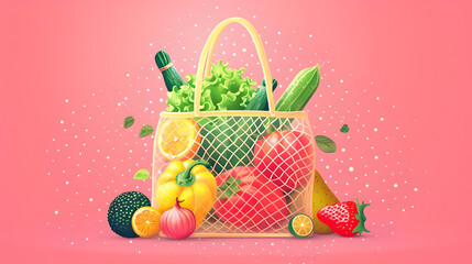 Wall Mural - Mesh bag filled with an assortment of fresh vegetables on a pink background with decorative elements.