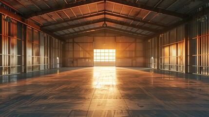 Canvas Print - Clean and spacious agricultural warehouse interior during golden hour