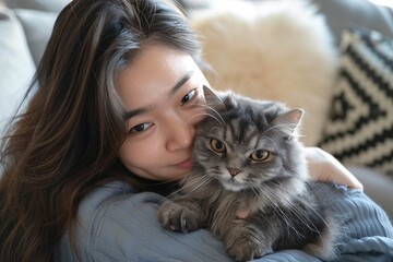 Poster - Close up of gentle young asian woman hugging cute grey persian cat on couch in living room at home, Adorable domestic pet concept, with copy space for text