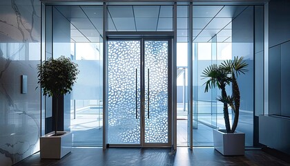 A modern glass door design with etched patterns inspired by the Mordent buildings architectural elements