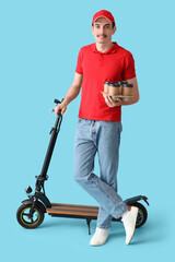 Poster - Male courier with coffee cups and kick scooter on blue background