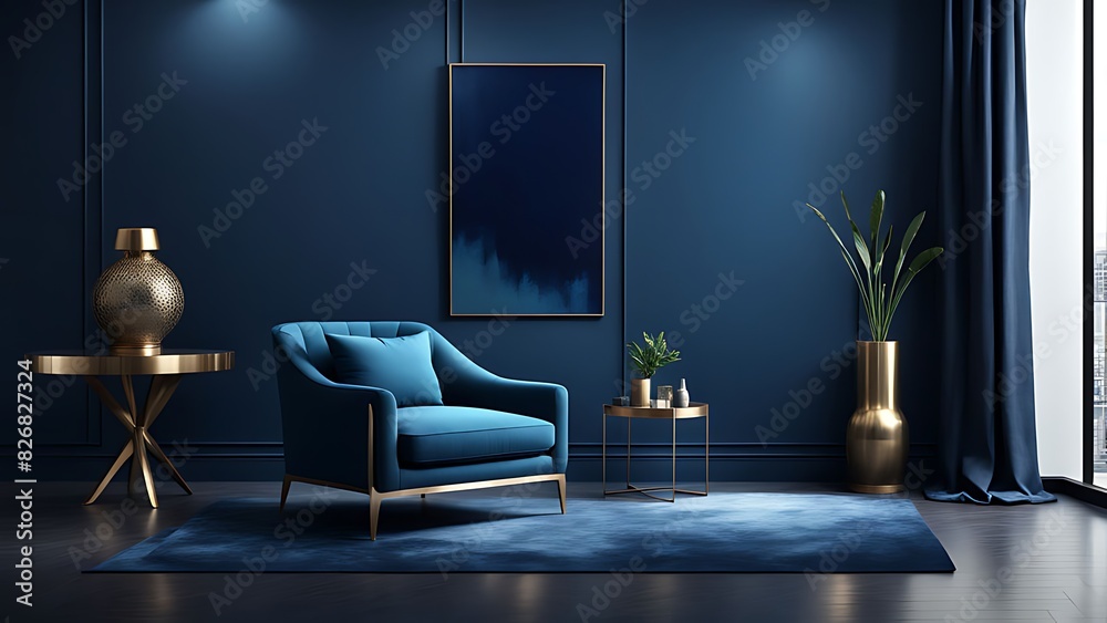 Blue living room - modern interior with luxurious furniture. Art mockup ...