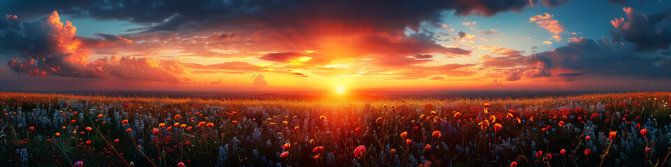 Wall Mural - wild flower field landscape at sunrise or sunset, splendid sky, panorama view. Wall Art Poster Print Design for Home Decor, Decoration Artwork, High Resolution Wallpaper and Background for Computer