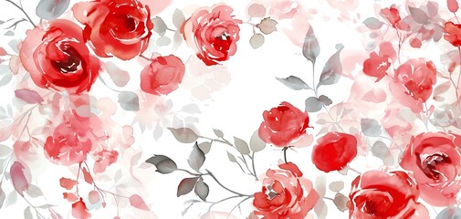 Wall Mural - Tiny watercolor roses in shades of red and pink, with delicate leaves and stems