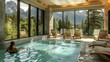 © ChomStyle - Mountain View Spa Retreat: An elegant spa with floor-to-ceiling windows offering a breathtaking view of the mountains,