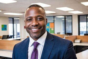 Wall Mural - Portrait of a confident African American educational administrator in a modern office setting. With a professional demeanor and a happy smile, he embodies successful leadership in the academic sector.