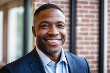 Wall Mural - Portrait of a confident African American instructional coordinator. Handsome and professional in a modern urban setting, he exudes positivity and success in his role.