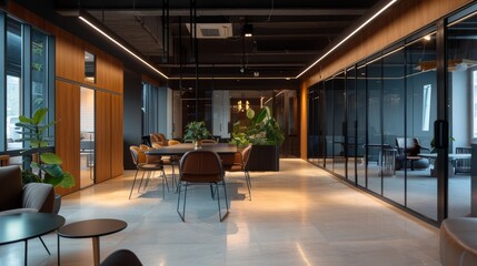 Wall Mural - Modern office space with sleek design featuring wooden accents, glass partitions, open seating area with plants, and natural light enhancing the professional ambiance